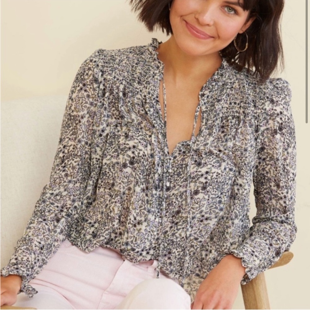 Free People Lela Blouse Blue Floral
Pattern Button Front SZ M - Picture 2 of 8